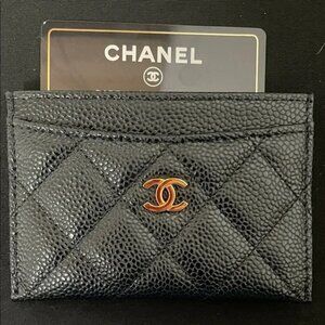 Chanel Black Caviar Leather Card Holder with Gold Logo